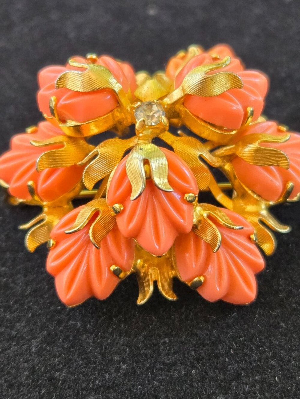 Vintage Coral Colored and Gold Tone Brooch marked Austria
